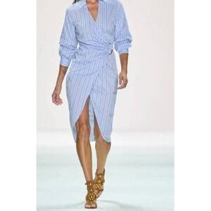 Veronica Beard Striped Wrap Midi Shirtdress Blue White Burgundy O-Ring Size 8